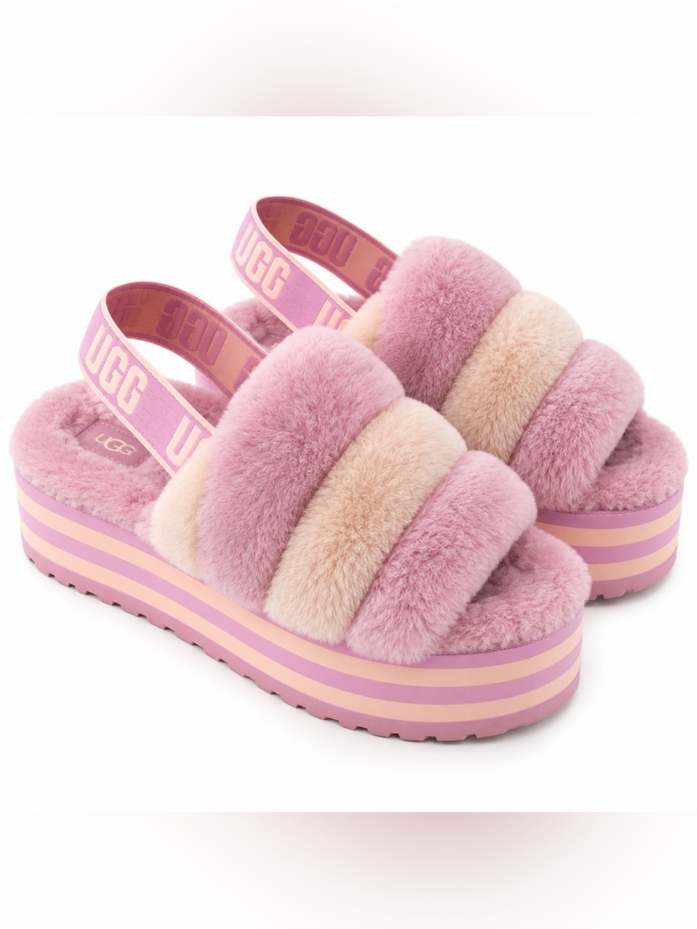 UGG Disco Stripe Platform Slides Primrose Pink Cream Sandals Size 9
